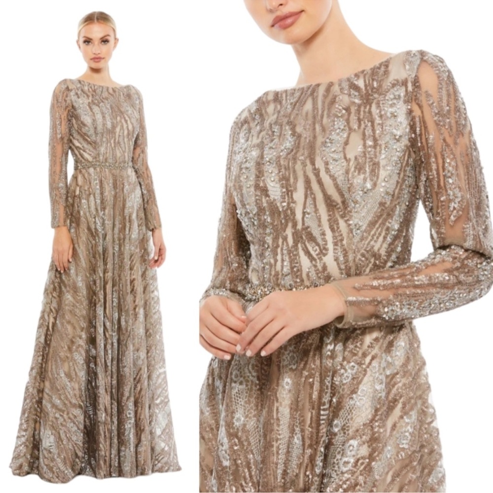 Mac Duggal Size 16 Sequin Long Sleeve Bateau Mocha Aline 79261 $798 dress